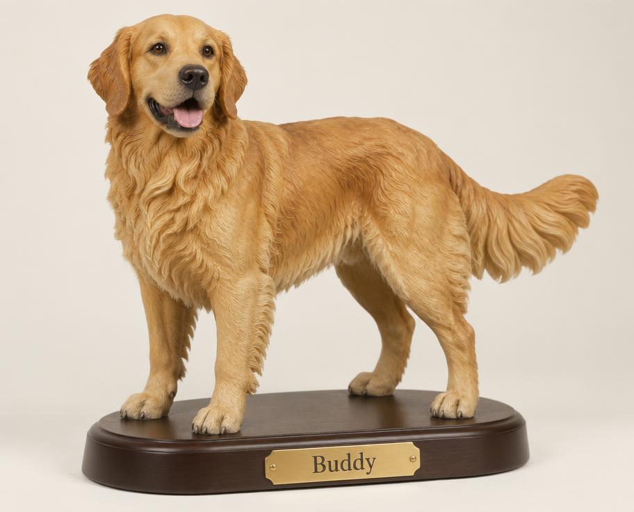 Hand-painted custom dog statue with a personalised name plate